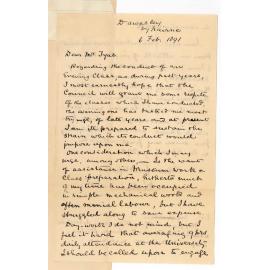 Professor Ralph Tate - Dawesley - Regarding Evening Class in Geology or Mineralogy during 1891