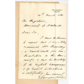 Professor Edward Vaughan Boulger - Adelaide - Report on examination of Mr Bundey for BA Course
