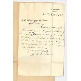 Arthur Murray Cudmore - The University - Requesting exemption from Chemistry lectures of 2nd year MB