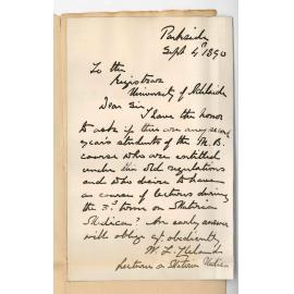 Dr William Lennox Cleland - Parkside - Concerning lectures on Materia Medica during 1890