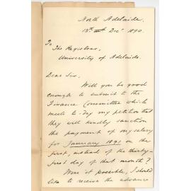 Professor Edward Vaughan Boulger - North Adelaide - Asking for advance of Salary for one month