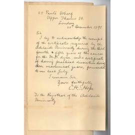 Charles Henry Standish Hope - London - Acknowledging receipt of Certificate
