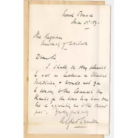 Dr Alfred Lendon - Adelaide - Accepts post as Lecturer on Clinical Medicine and thanks Council for the appointment