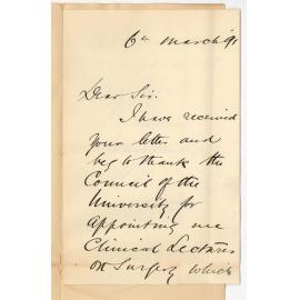 Dr William Anstey Giles - Adelaide - Thanks Council for election to post of Lecturer on Clinical Surgery