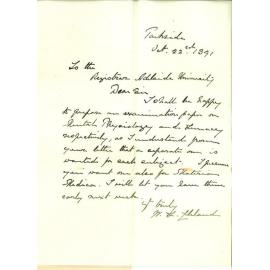 Dr William Lennox Cleland - Parkside - Will act as Examiner in Lunacy for MD Examination - Asks whether one or two papers