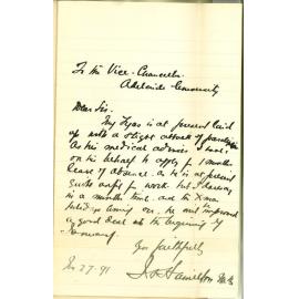 Dr J A G Hamilton - Adelaide - Asking for one months leave of absence for John Walter Tyas