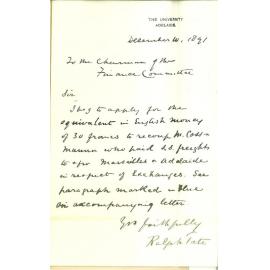 Professor Ralph Tate - Applying to recoup M Cossmann equivalent in English money for 30 francs freight paid