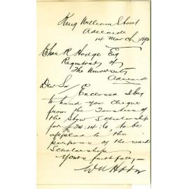 William Austin Horn - Adelaide - The Stow Scholarship Balance at Bank of Australasia