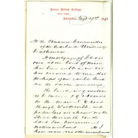 Frederic Chapple - Prince Alfred College - Kent Town - Requests Loan of £2000