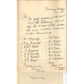 Lewis George Madley - Training College - Grote Street Adelaide - List of Names of Students Attending University Evening Classes from Training College