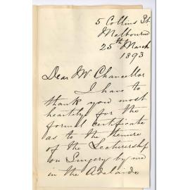 William Gardner - Collins Street Melbourne - To Chancellor - Thanks for Letter and Certificate