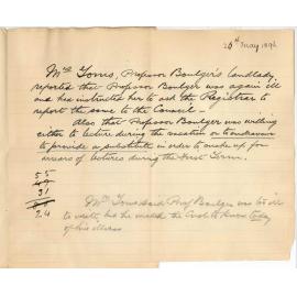 Professor Edward Vaughan Boulger - Mrs Toms Reports Again Ill and that Professor Boulger will make up Lectures or Find a Substitute