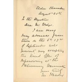 Miss Mabel Hardy - Eldon Chambers - King William Street Adelaide - Cannot Act as Supervisor for Preliminary Exam 6 and 7 September