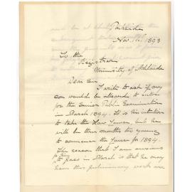William Lennox Cleland - Parkside - Permission for Son to Enter Senior Public Exam - He is Three Months Under Prescribed Age to Begin the LLB Course in 1894