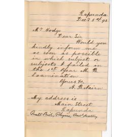 A B Nairn - Kapunda - Wishes to Know what Subjects he Failed in First Year MB Examination 1893