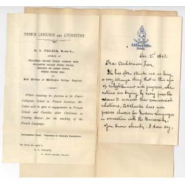 A I Calais - St Peters College -  Hackney - To Archdeacon Farr - Offers service as Lecturer on French