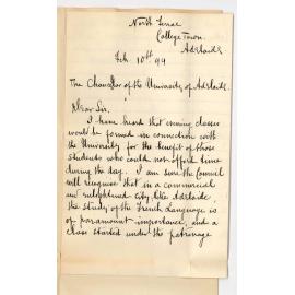 A I Calais - North Terrace College Town - To the Chancellor - Offers service as lecturer on French for the year 1894