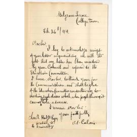 A I Calais - Belgrave Terrace College Town - Thanks for letter and hopes Education Committee will be able to start Classes in French