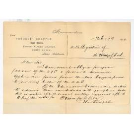 Frederic Chapple - Prince Alfred College - Forwards application forms of the two boys referred to in his letter of the 24th February 1894