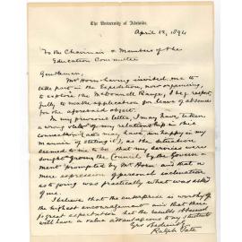 Professor Ralph Tate - The University - Application for leave of absence to take part in McDonnell Range Expedition
