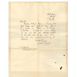 Arthur Chignell - c/o Dr Daws - Gawler - Wishes to know whether Professor William Henry Bragg will lecture on Physics on Monday 11th June 1894 - Term commences Tuesday 12th June